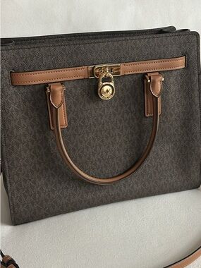Michael Kors Brown and Tan Signature Satchel with Gold Lock
